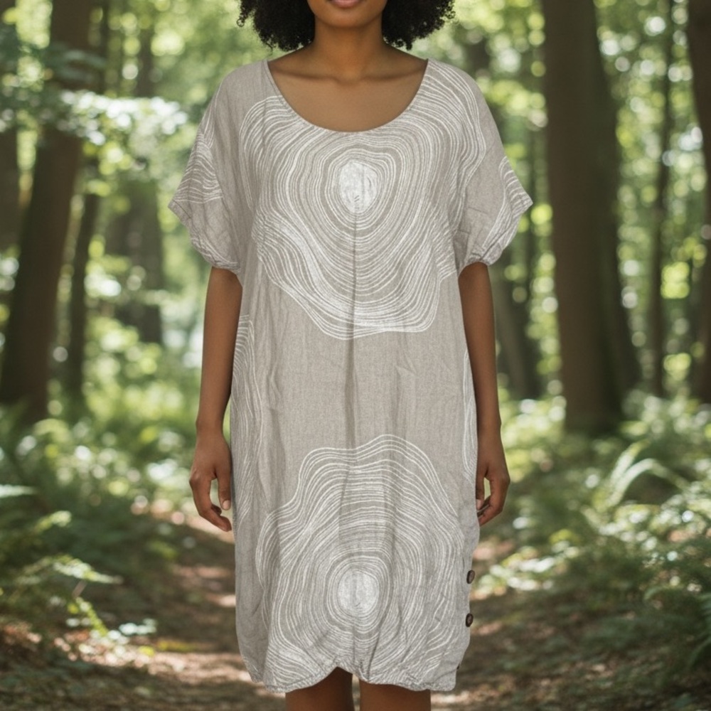 100% Italian Made Linen Shift Dress Woodland Tree Ring Pockets Fairy Natural
